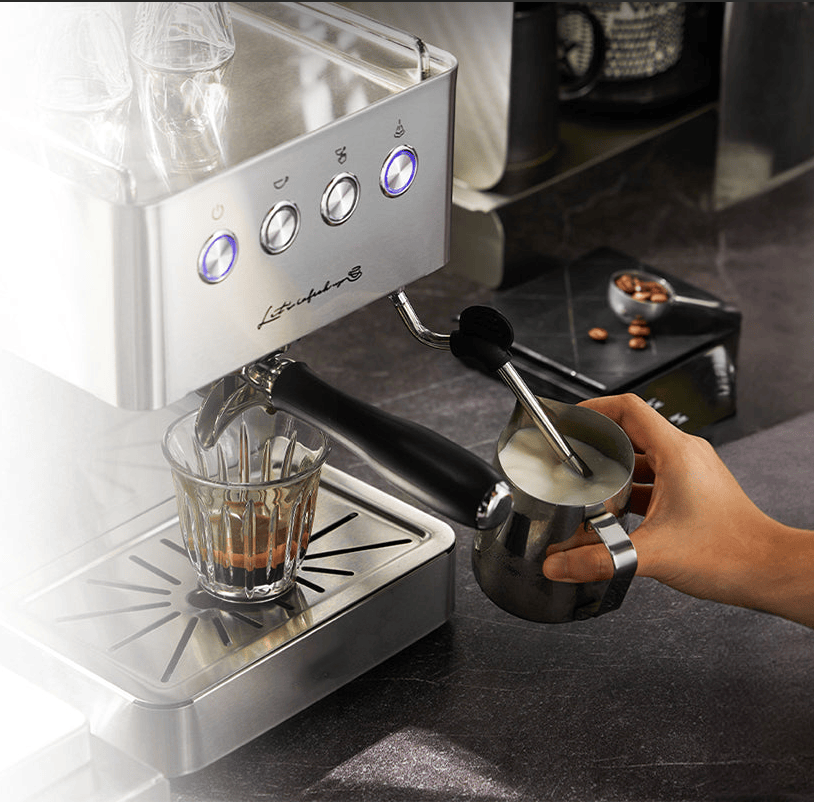 PSG3005H Semi-Automatic Coffee Machine 1500W Coffee Machine 15Bar Espresso Coffee ULKA High-Pressure Pump Extracts 1/2 Cup of Espresso Coffee Machine 1.7L Water Tank Steam Milk Foamer/Steam Stick El