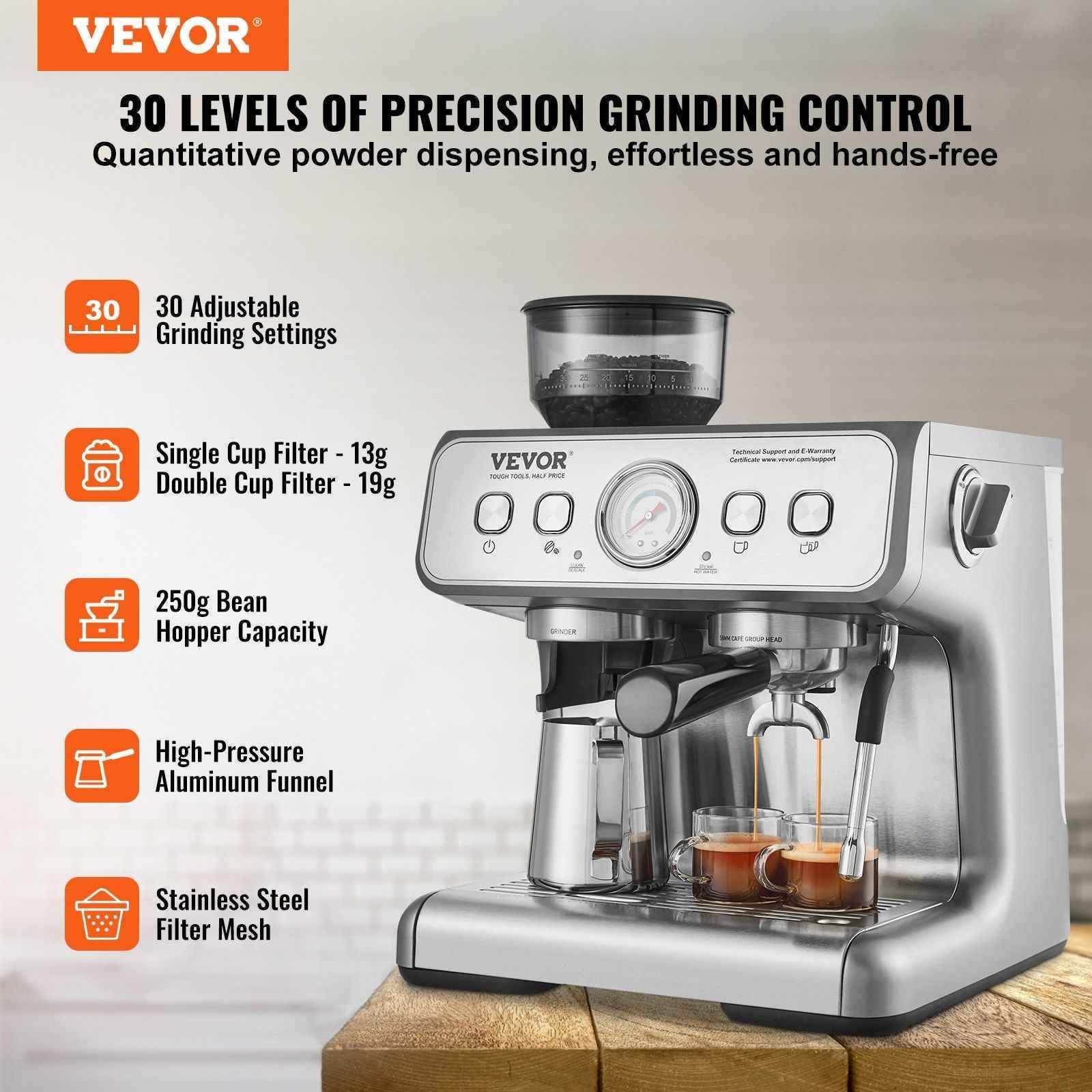 VEVOR Espresso Machine with Grinder, 15 Bar Semi-Automatic Espresso Coffee Maker with Milk Frother Steam Wand, Removable Water Tank & Pressure Gauge for Cappuccino, Latte, Machiato, PID Control System