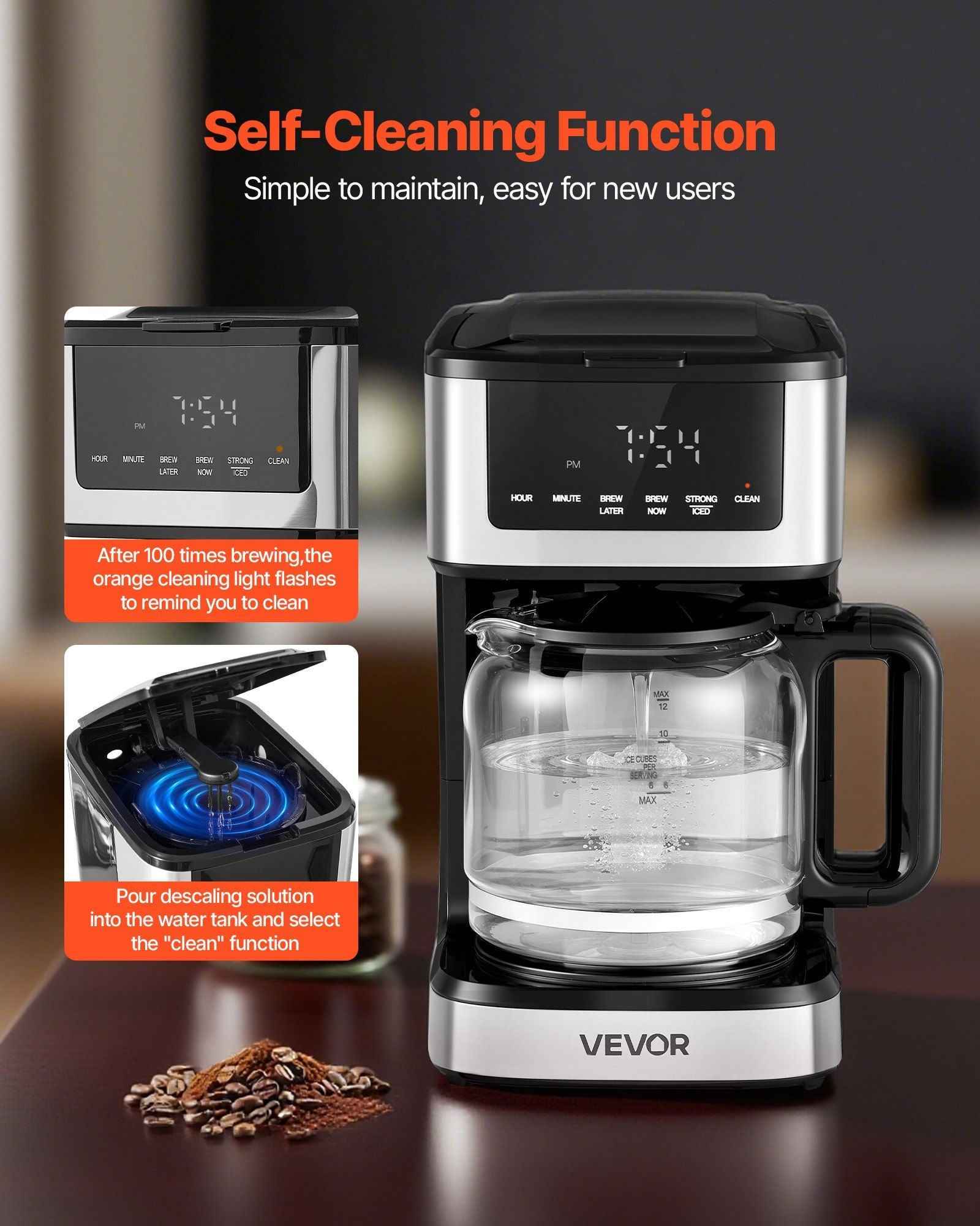 VEVOR Programmable Coffee Maker, 12 Cup Programmable Drip Coffee Makers with Touch Screen, 4-Hour Keep Warm Coffee Makers Drips, 2 Brew Strengths Drip Coffee Machine for Home, 24-Hour Programmable