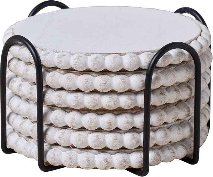 6 Pack Farmhouse Wooden Bead Coasters with Metal Holder for Coffee Table Decor, Round Handmade Cup Coasters Set for Drinks Absorbent, Rustic Cute Coaster for Home Kitchen Table Décor