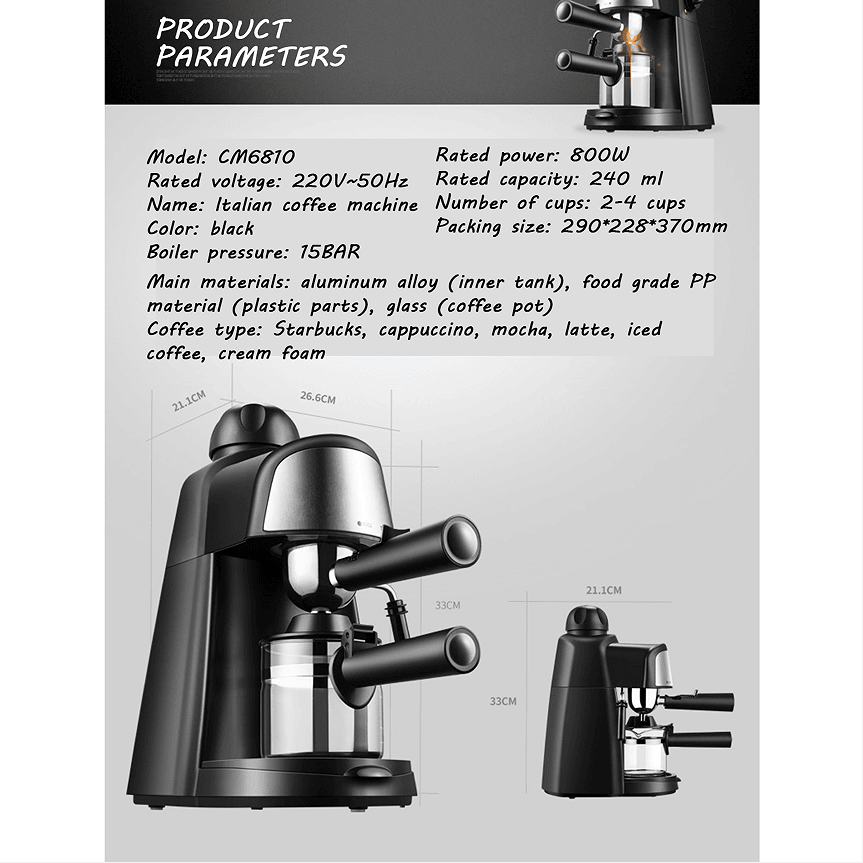 PSCM6810 3.5bar Steam Epresso Machine 4 cup Epresso Machine Epresso cappuccino coffee home compact espresso machine