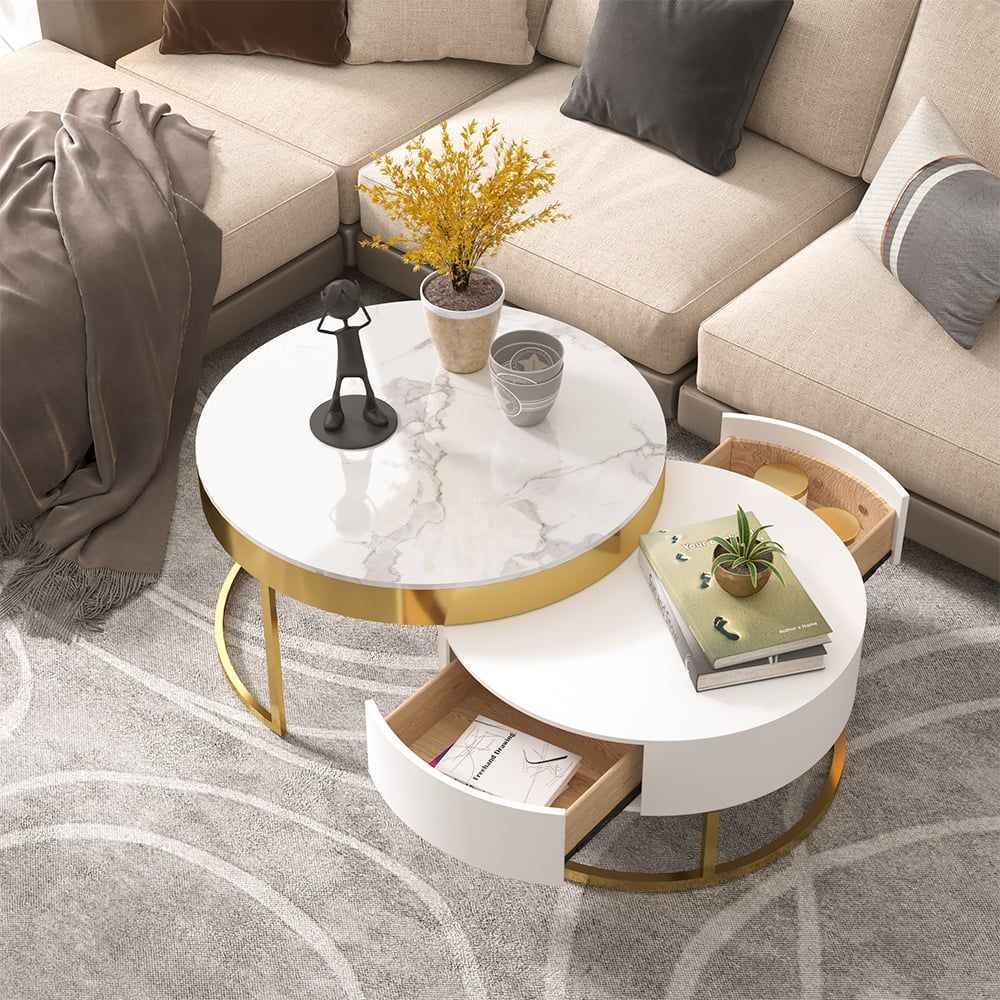 Nesnesis Modern Round Sinter Stone Nesting Wood Coffee Table