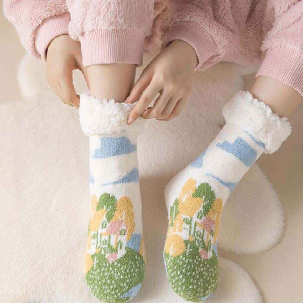 Green White Winter Thick Plush Socks Women Warm Indoor