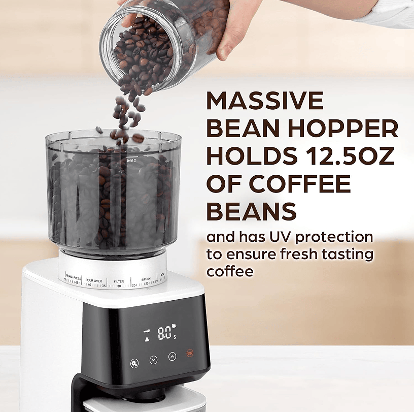 PSCG018 Professional tapered burr coffee grinder 51 gear adjustment powder mesh IMD Touch control Taper unburr electric coffee grinding bean bin 350g powder bin 150g LED