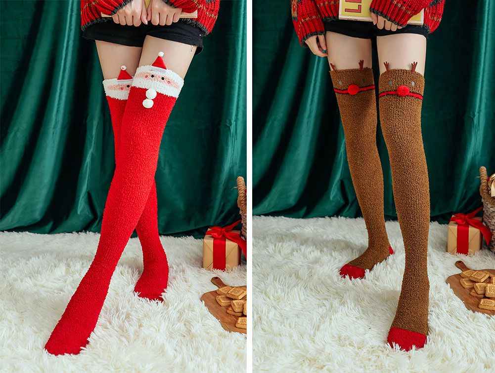 Santa and Elk Warm Fuzzy Over Knee Stockings