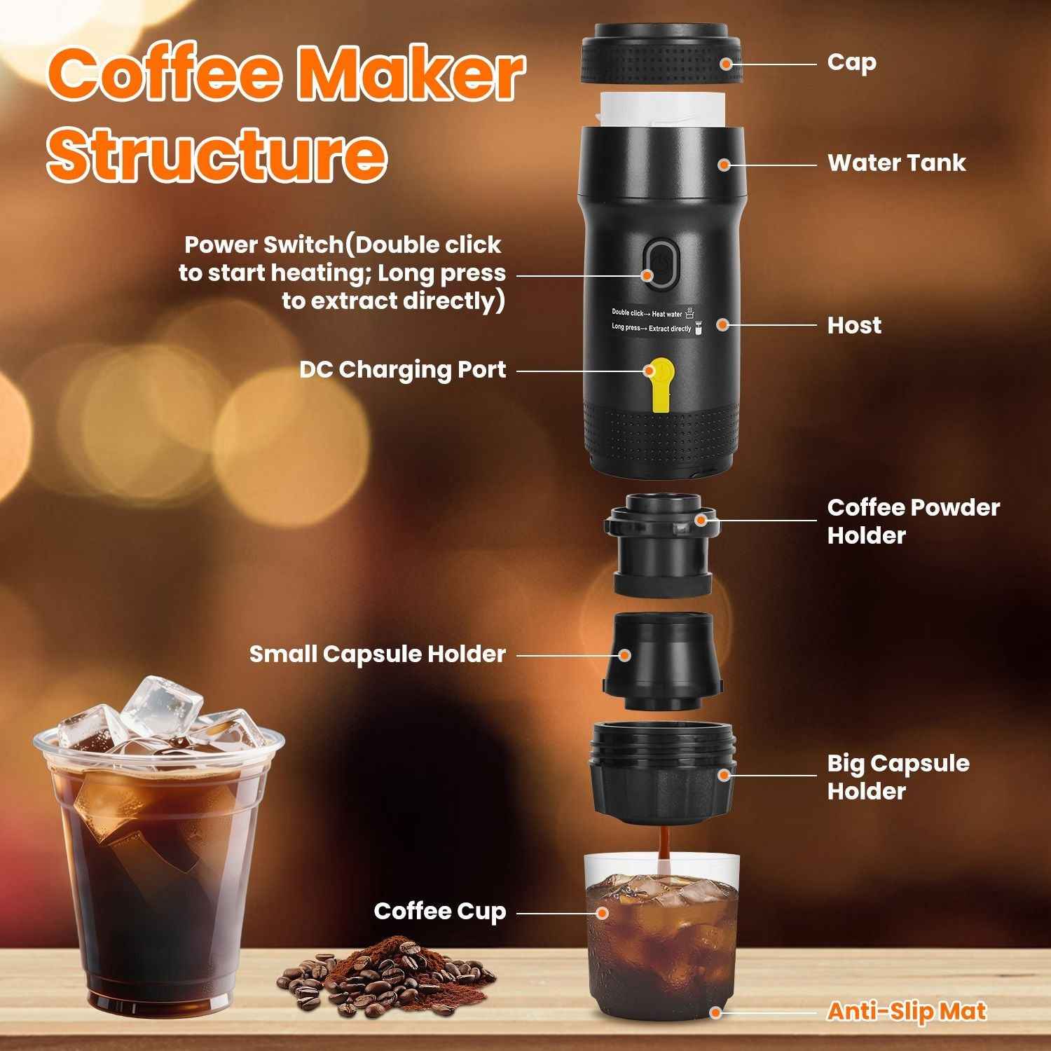 1Pc Portable Electric Espresso Machine Cordless Coffee Maker Self-Heating Car Espresso Maker with Anti-Dry Burn Fit for Ground Coffee/NS/DG Capsules for Car Camping Hiking RV Home Office