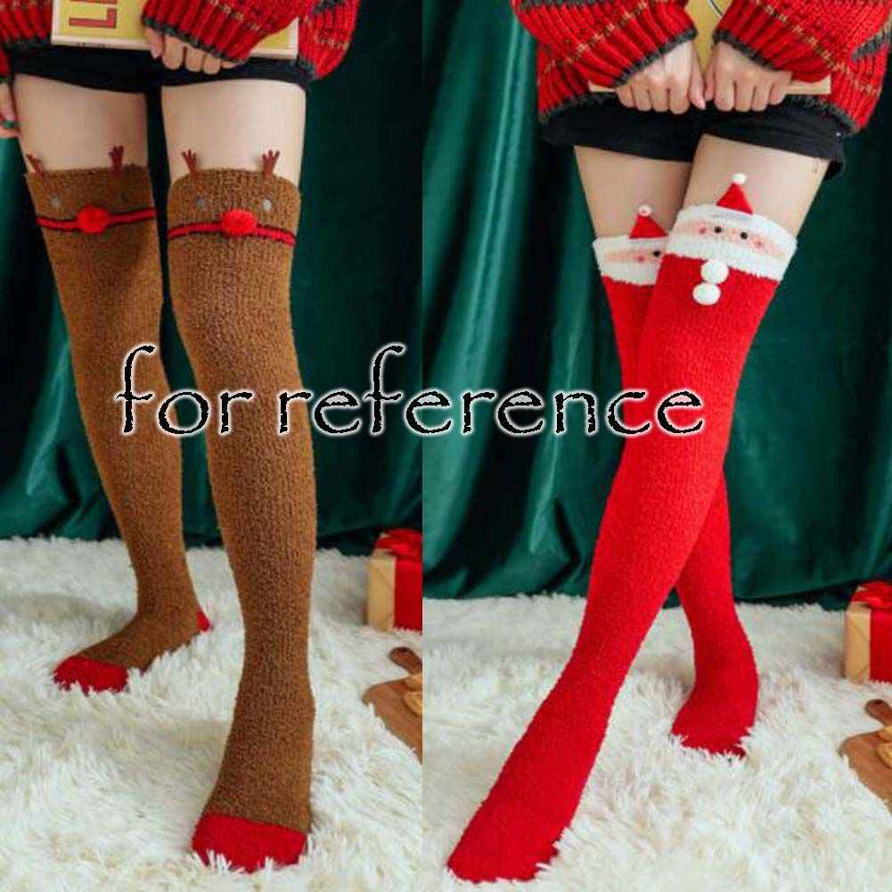 Cute Christmas Coral Velvet Knee High Stockings Elk Santa