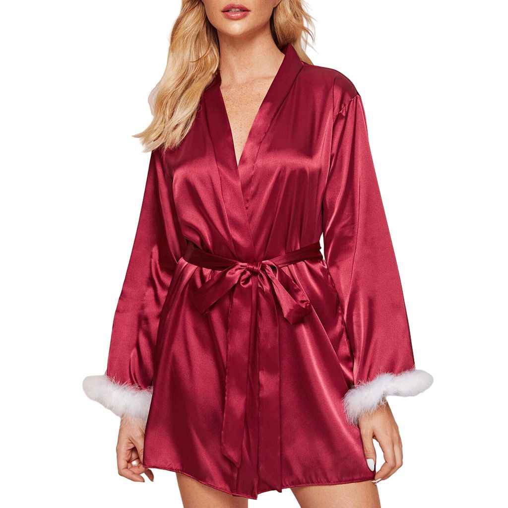 Womens Silky Kimono Robes with Fluff Bridesmaid Bride Satin