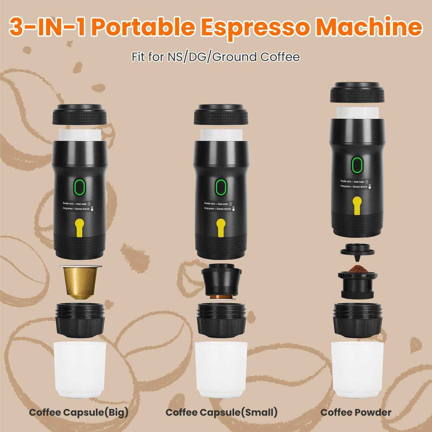 1Pc Portable Electric Espresso Machine Cordless Coffee Maker Self-Heating Car Espresso Maker with Anti-Dry Burn Fit for Ground Coffee/NS/DG Capsules for Car Camping Hiking RV Home Office