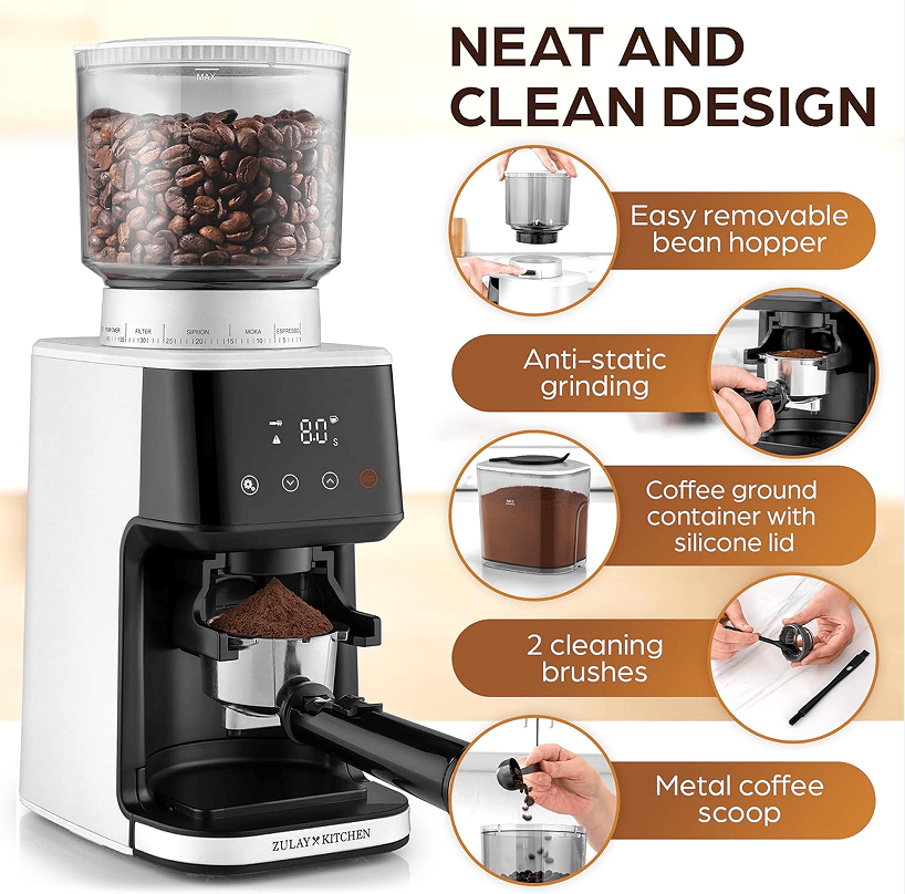 PSCG018 Professional tapered burr coffee grinder 51 gear adjustment powder mesh IMD Touch control Taper unburr electric coffee grinding bean bin 350g powder bin 150g LED