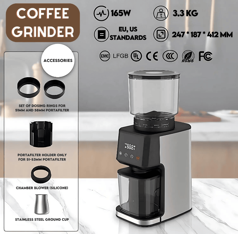 PSCG018 Professional tapered burr coffee grinder 51 gear adjustment powder mesh IMD Touch control Taper unburr electric coffee grinding bean bin 350g powder bin 150g LED