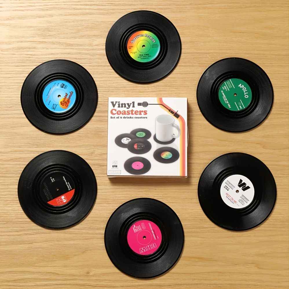 6pcs Record Design Coasters With Gift Box; Vinyl Record Coasters For Drinks Novelty ; Funny Absorbent Retro Style Home Decor; Hot Coffee Cup Placement Pads; Diameter 4.1"