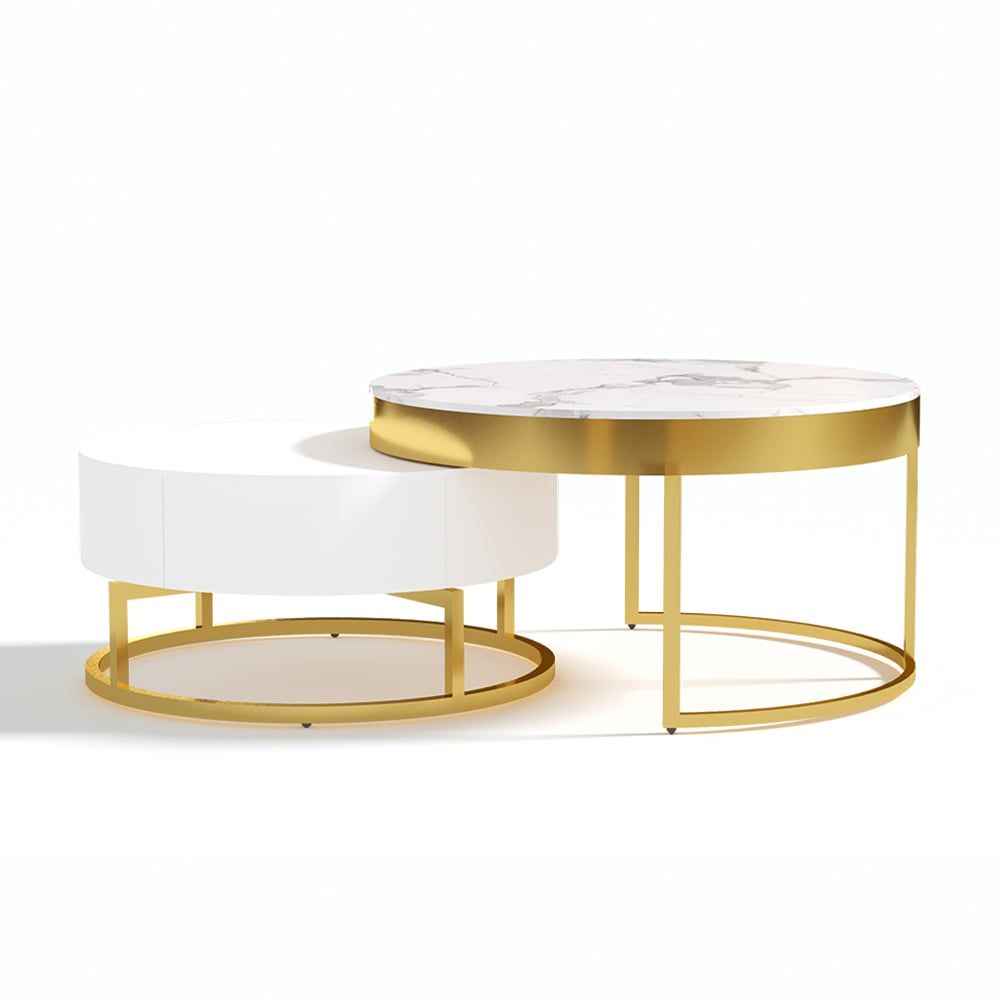 Nesnesis Modern Round Sinter Stone Nesting Wood Coffee Table