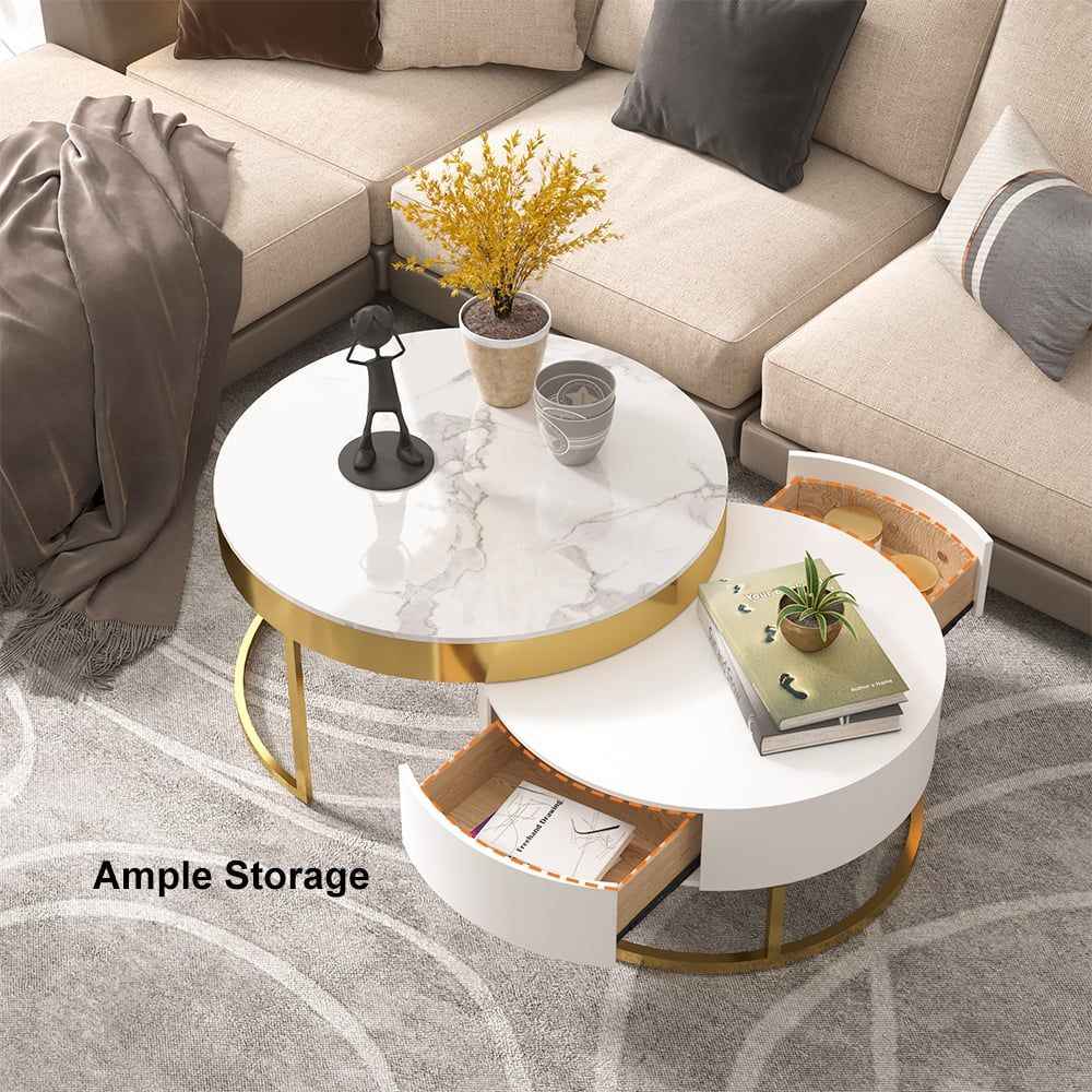  Nesnesis Modern Round Sinter Stone Nesting Wood Coffee Table