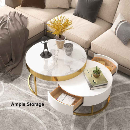  Nesnesis Modern Round Sinter Stone Nesting Wood Coffee Table