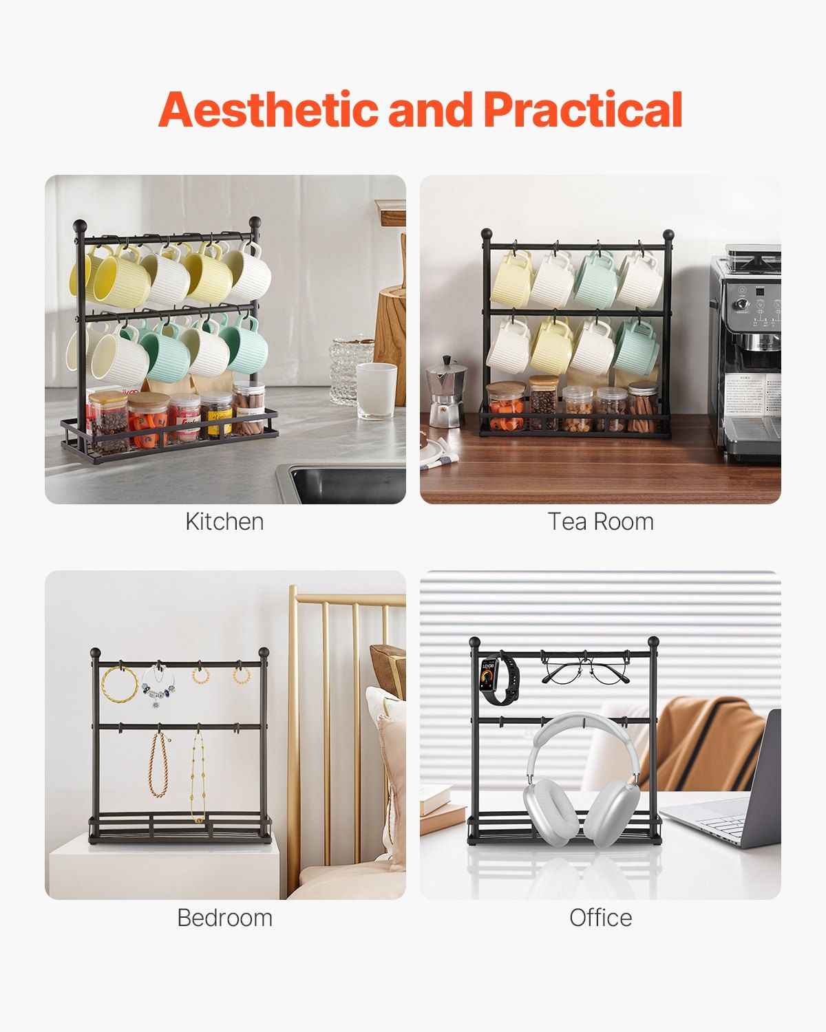 Coffee Mug Holder for Countertop 16 Hooks Cup Rack with Storage Base Organizer