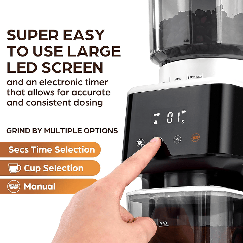 PSCG018 Professional tapered burr coffee grinder 51 gear adjustment powder mesh IMD Touch control Taper unburr electric coffee grinding bean bin 350g powder bin 150g LED