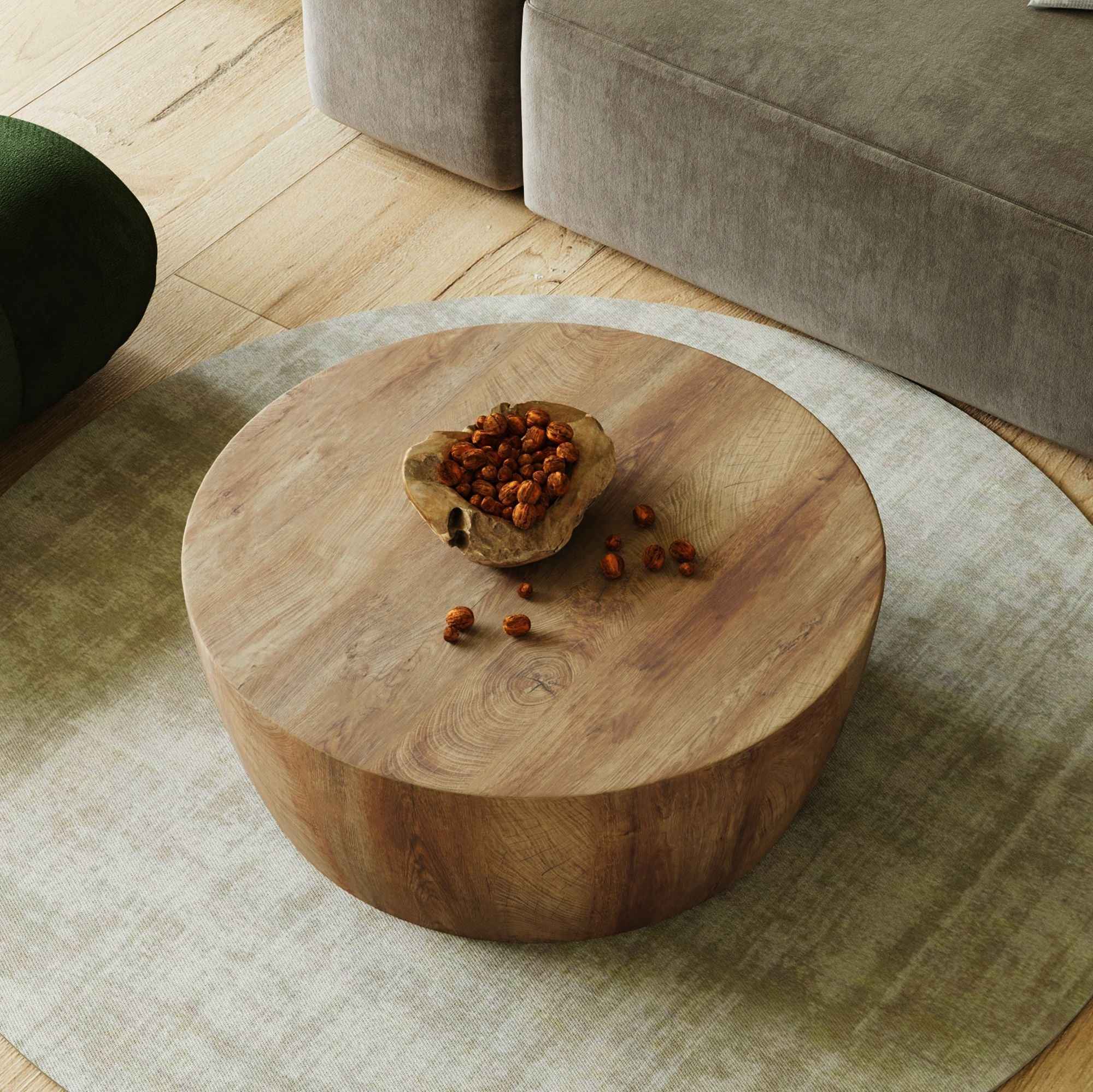 29.53&quot; high-quality MDF natural color round table, modern industrial natural fully assembled drum coffee table, suitable for home&amp;kitchen