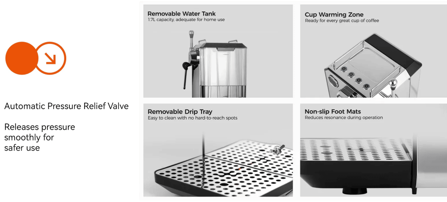 PSG3006W American-style espresso machine, semi-automatic coffee maker with 1450W power output and 15Bar espresso extraction capacity. Features ULKA high-pressure pump, 1.7L water tank, steam milk fro