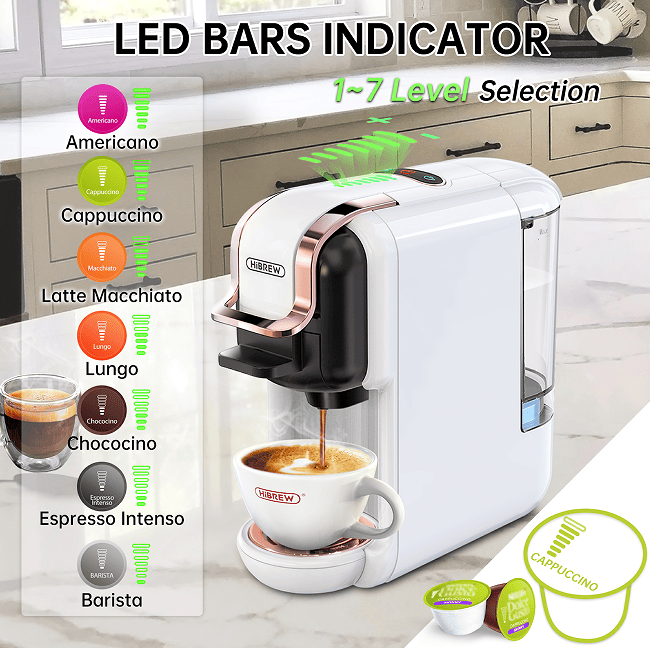 PSH2B-BK (ST514K) 5-in-1 automatic espresso machine with water level line, capsule coffee machine 19Bar hot and cold extract French Mocha Italian 600L water tank espresso, Touch Sense 1450W Kcup cap