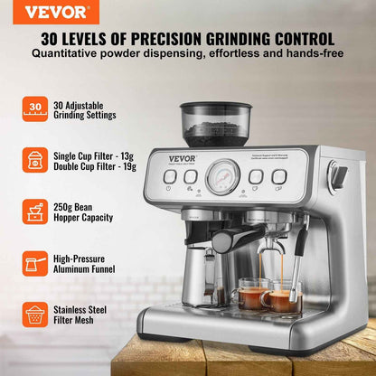 VEVOR Espresso Machine with Grinder, 15 Bar Semi-Automatic Espresso Coffee Maker with Milk Frother Steam Wand, Removable Water Tank &amp; Pressure Gauge for Cappuccino, Latte, Machiato, PID Control System