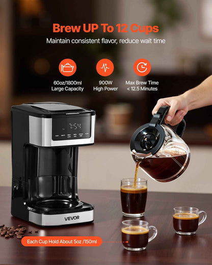 VEVOR Programmable Coffee Maker, 12 Cup Programmable Drip Coffee Makers with Touch Screen, 4-Hour Keep Warm Coffee Makers Drips, 2 Brew Strengths Drip Coffee Machine for Home, 24-Hour Programmable
