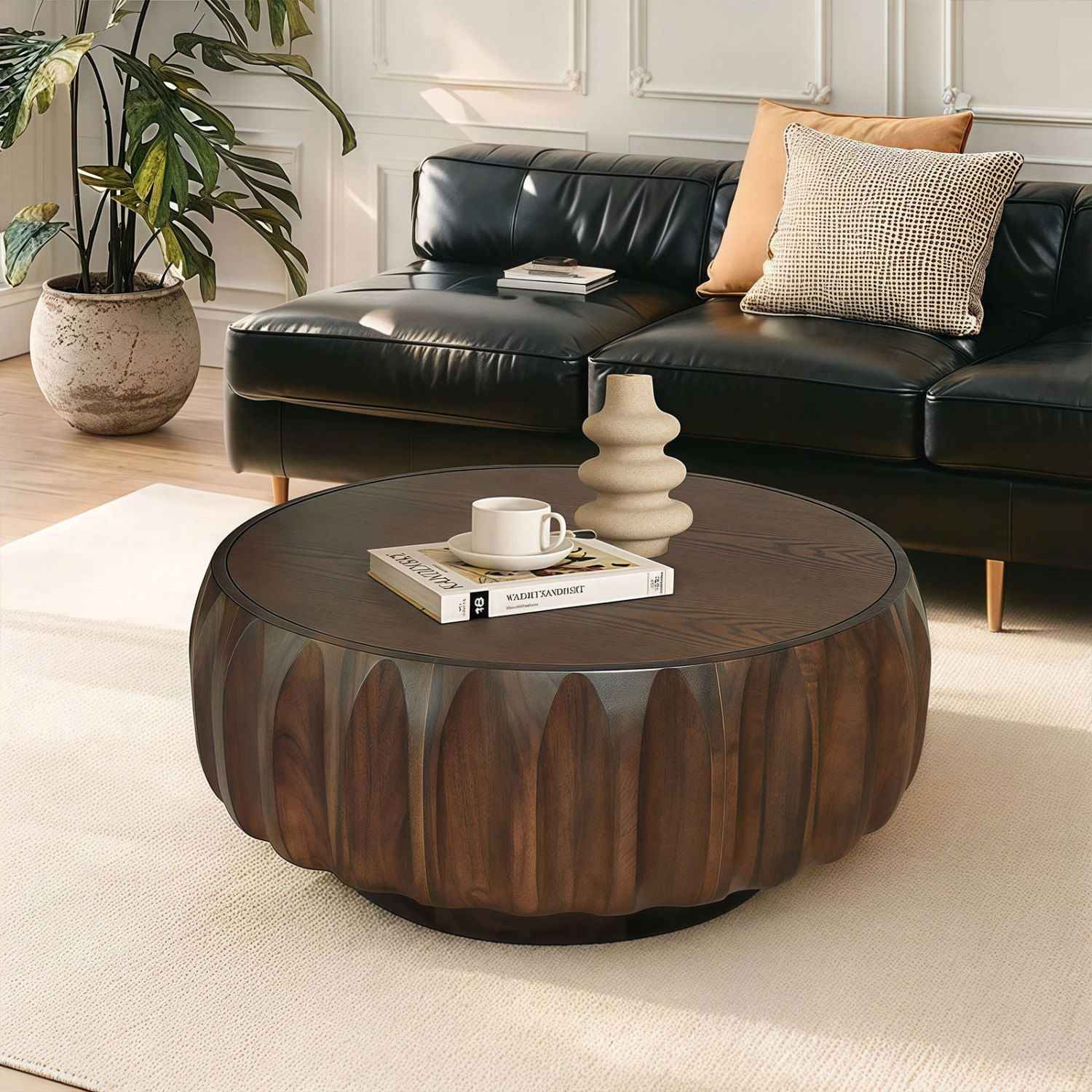 Round Solid Wood Carved Coffee Table with Elegant Sculptural