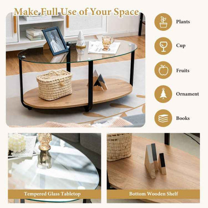 2-Tier Glass-Top Oval Coffee Table with Wooden Shelf