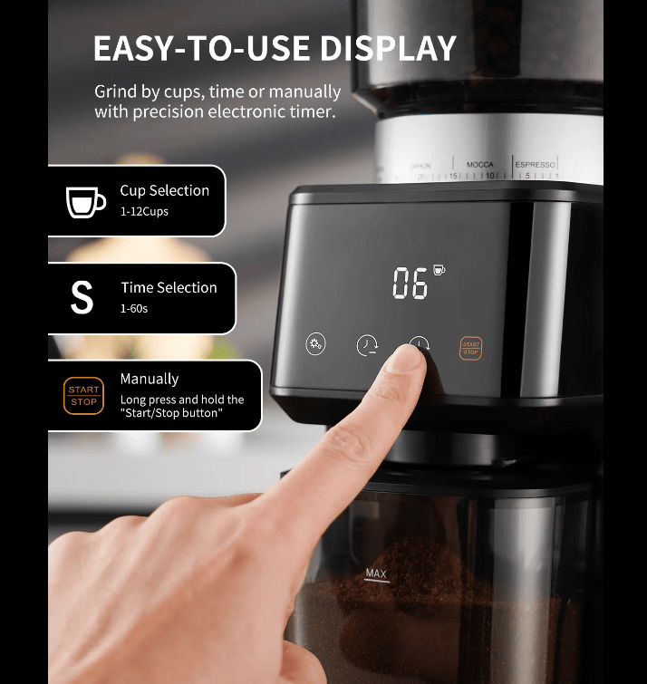 PSCG018 Professional tapered burr coffee grinder 51 gear adjustment powder mesh IMD Touch control Taper unburr electric coffee grinding bean bin 350g powder bin 150g LED