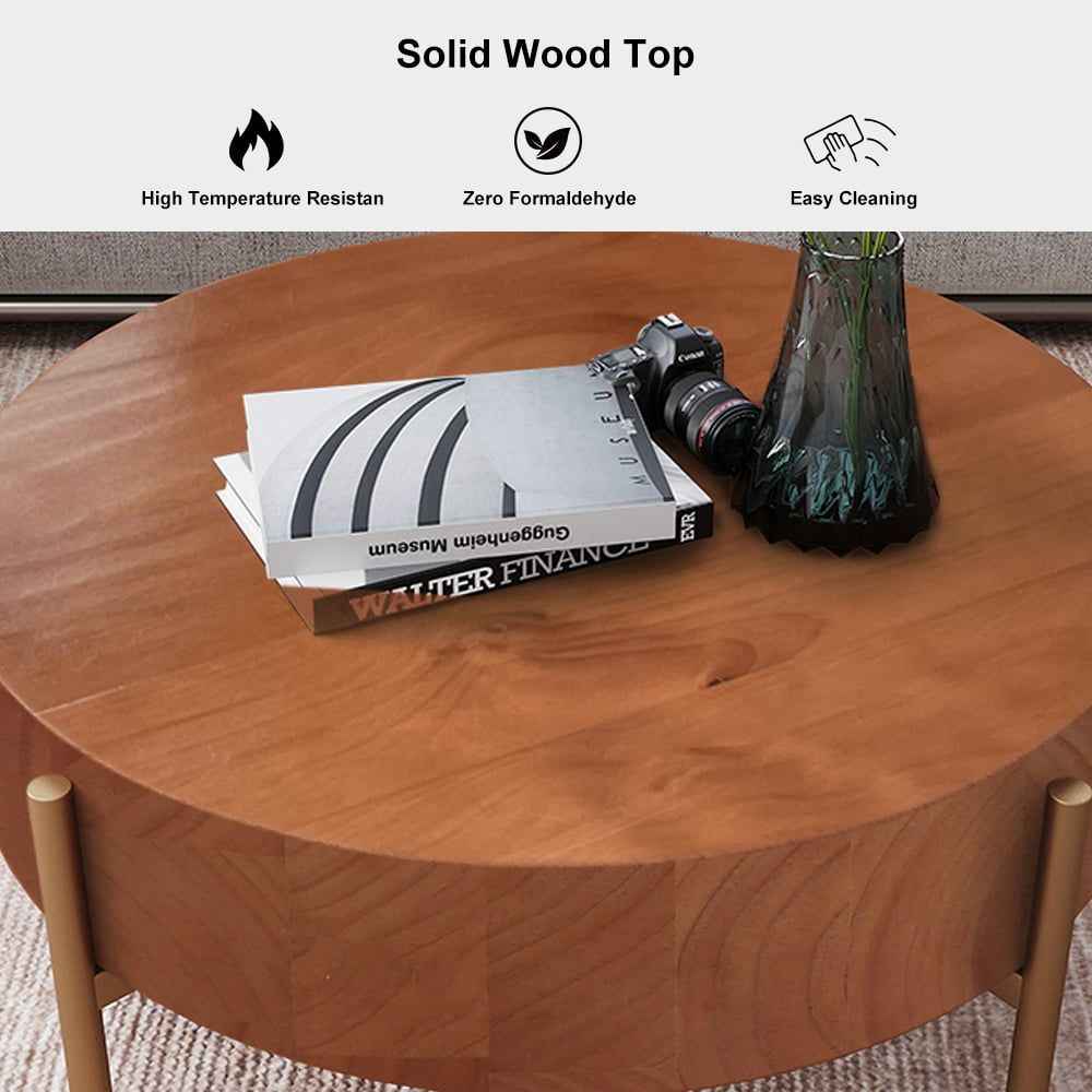 Rustic Round Coffee Table with Solid Wood Tabletop Metal Leg