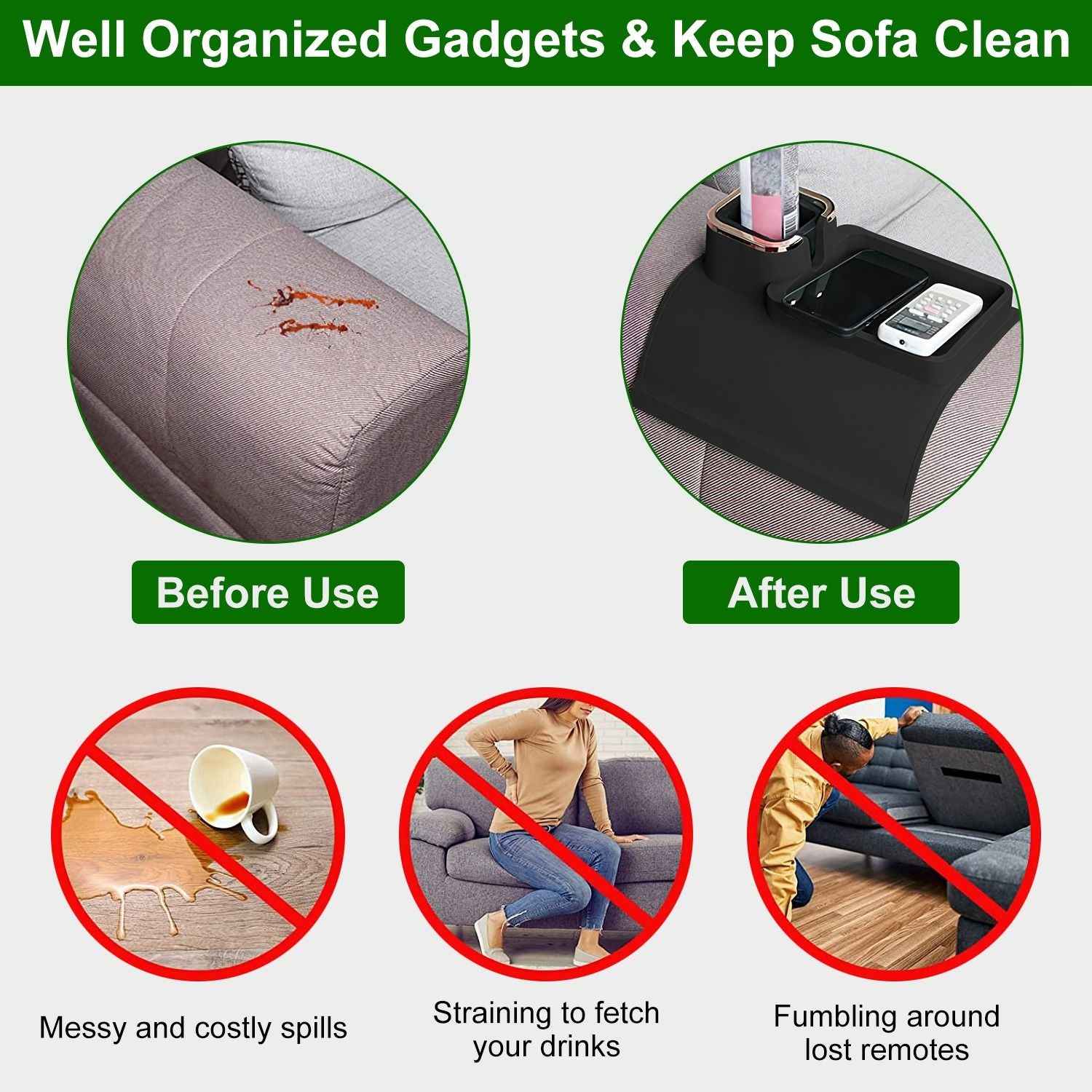 Couch Arm Cup Holder Tray Anti-spill Anti-slip Silicone Armrest Remote Snack Organizer for Coffee Cups Beer Bottles Cans