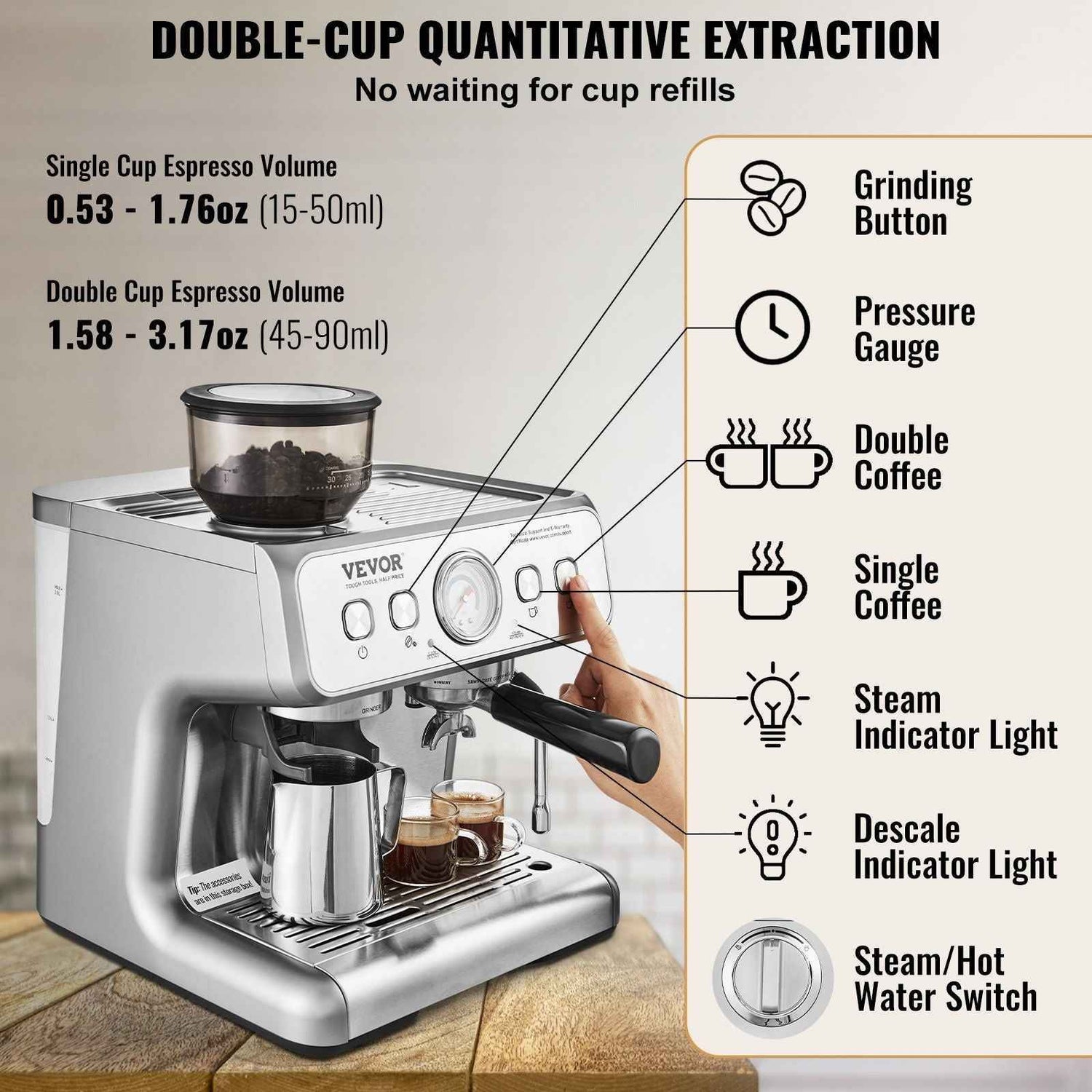 VEVOR Espresso Machine with Grinder, 15 Bar Semi-Automatic Espresso Coffee Maker with Milk Frother Steam Wand, Removable Water Tank &amp; Pressure Gauge for Cappuccino, Latte, Machiato, PID Control System