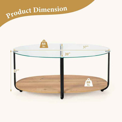 2-Tier Glass-Top Oval Coffee Table with Wooden Shelf