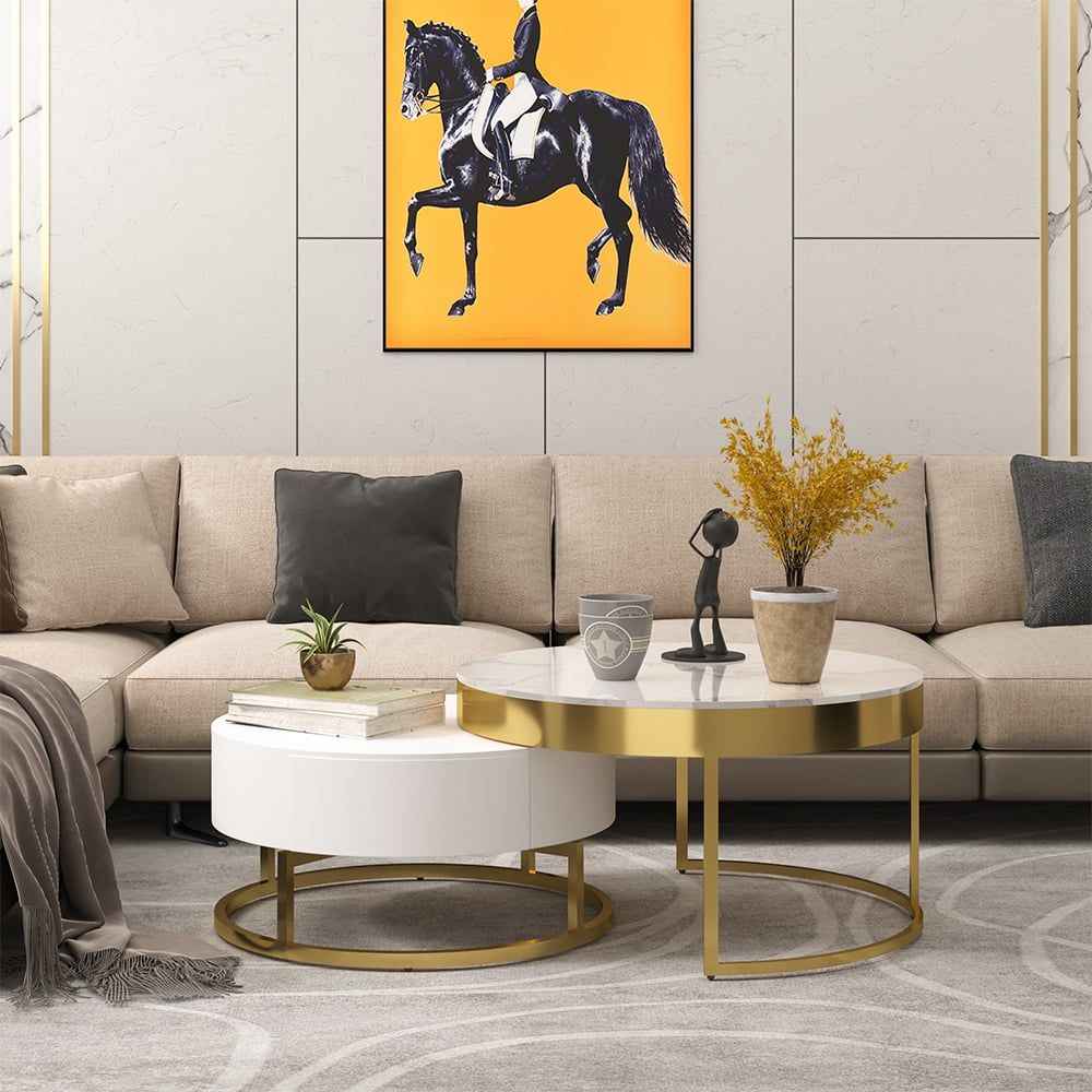 Nesnesis Modern Round Sinter Stone Nesting Wood Coffee Table