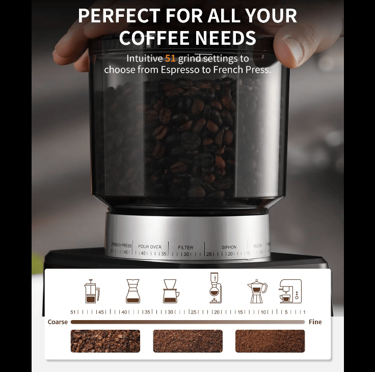 PSCG018 Professional tapered burr coffee grinder 51 gear adjustment powder mesh IMD Touch control Taper unburr electric coffee grinding bean bin 350g powder bin 150g LED