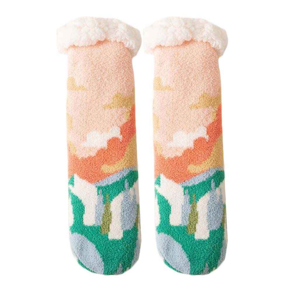  Pink Green Winter Thick Plush Socks Women Warm Indoor Floor