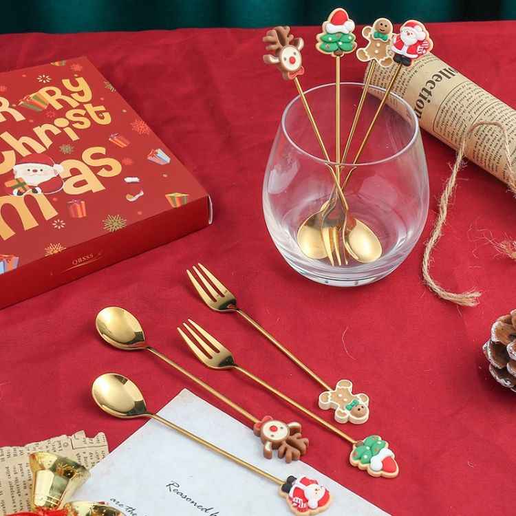 Pack Christmas Spoon Cartoon Fruit Fork Dessert Coffee Scoop