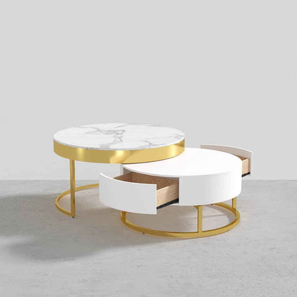 Nesnesis Modern Round Sinter Stone Nesting Wood Coffee Table