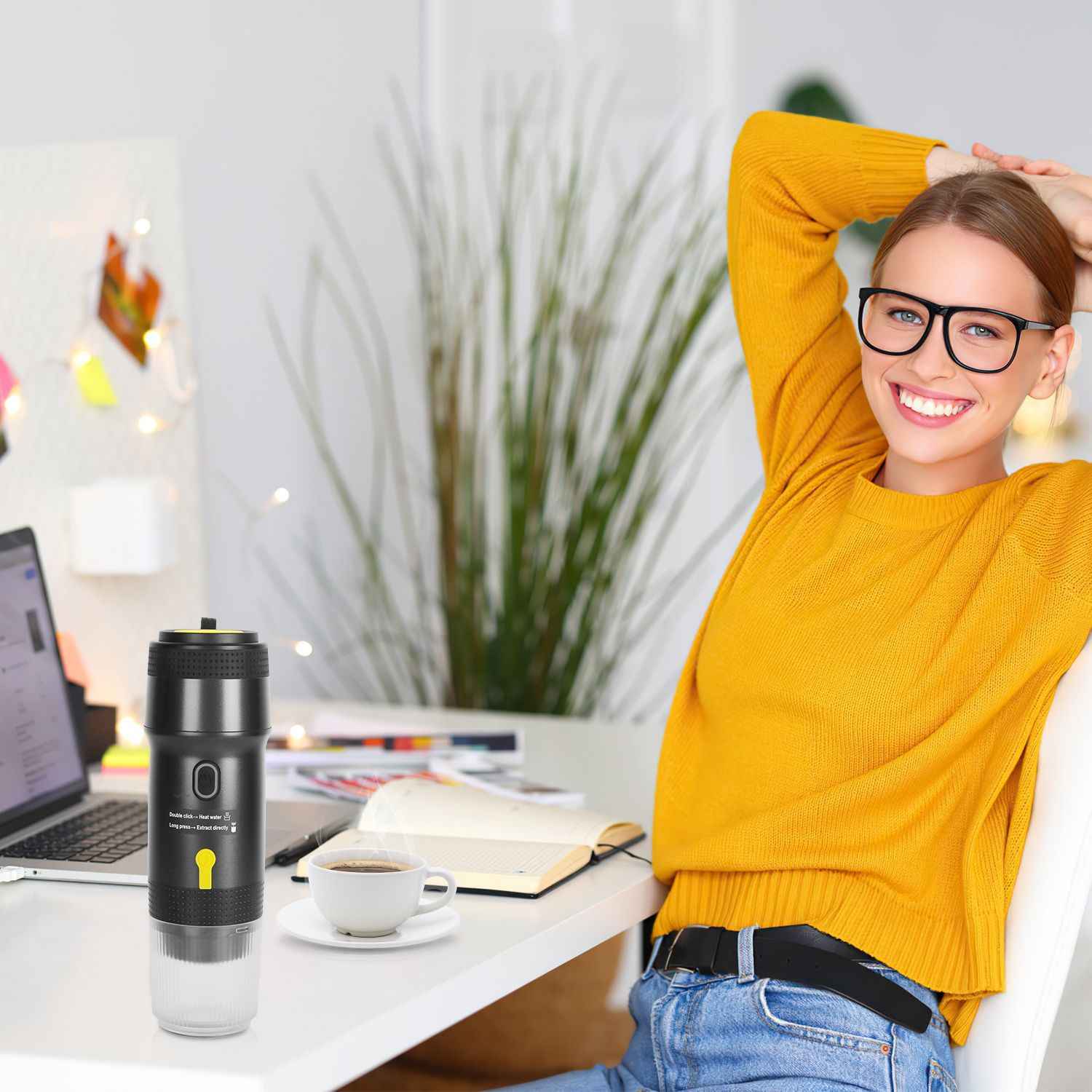 1Pc Portable Electric Espresso Machine Cordless Coffee Maker Self-Heating Car Espresso Maker with Anti-Dry Burn Fit for Ground Coffee/NS/DG Capsules for Car Camping Hiking RV Home Office