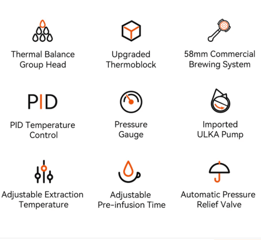 PSG3006W American-style espresso machine, semi-automatic coffee maker with 1450W power output and 15Bar espresso extraction capacity. Features ULKA high-pressure pump, 1.7L water tank, steam milk fro