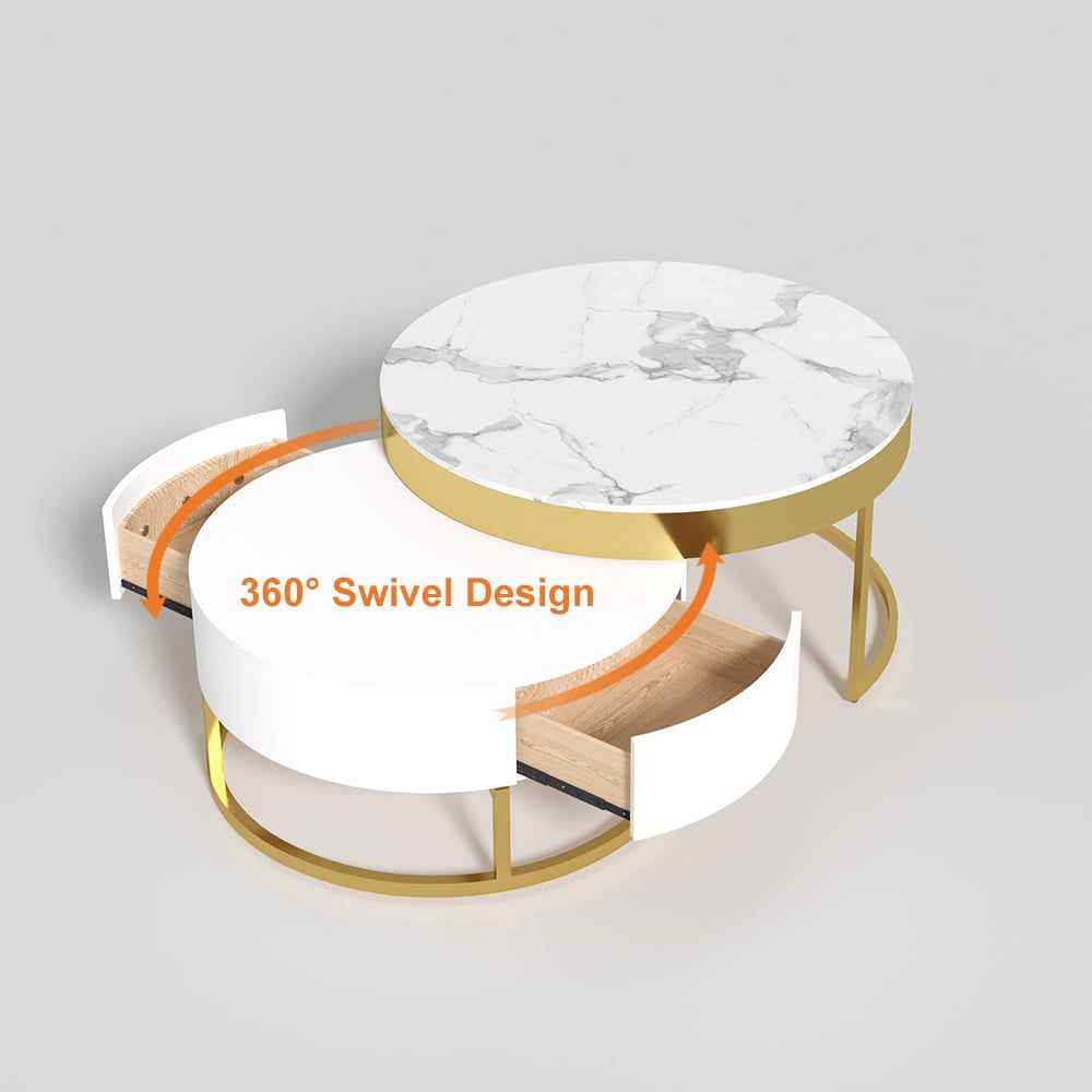 Nesnesis Modern Round Sinter Stone Nesting Wood Coffee Table