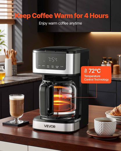 VEVOR Programmable Coffee Maker, 12 Cup Programmable Drip Coffee Makers with Touch Screen, 4-Hour Keep Warm Coffee Makers Drips, 2 Brew Strengths Drip Coffee Machine for Home, 24-Hour Programmable