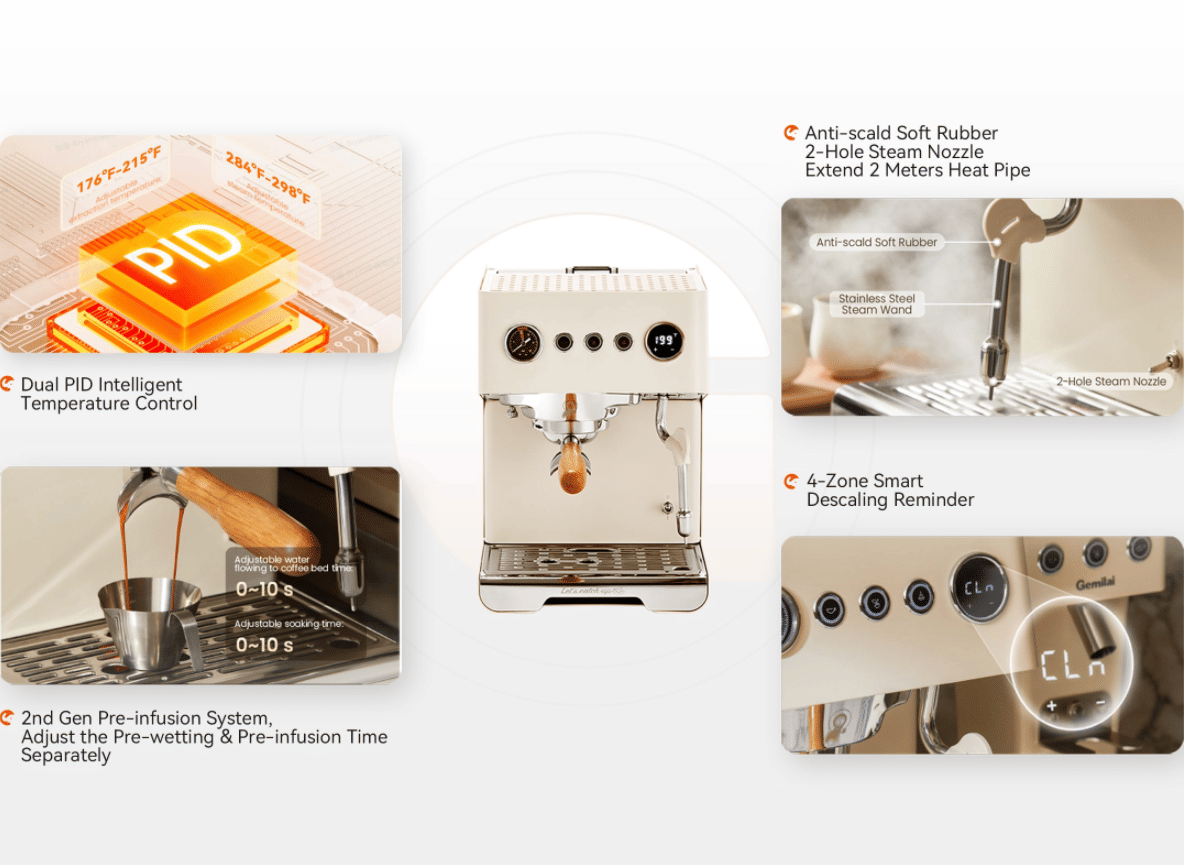 PSG3028A American-style espresso machine, semi-automatic coffee maker with 1450W power and 15Bar espresso extraction. Features ULKA high-pressure pump, 1.7L water tank, ivory white finish, steam mil