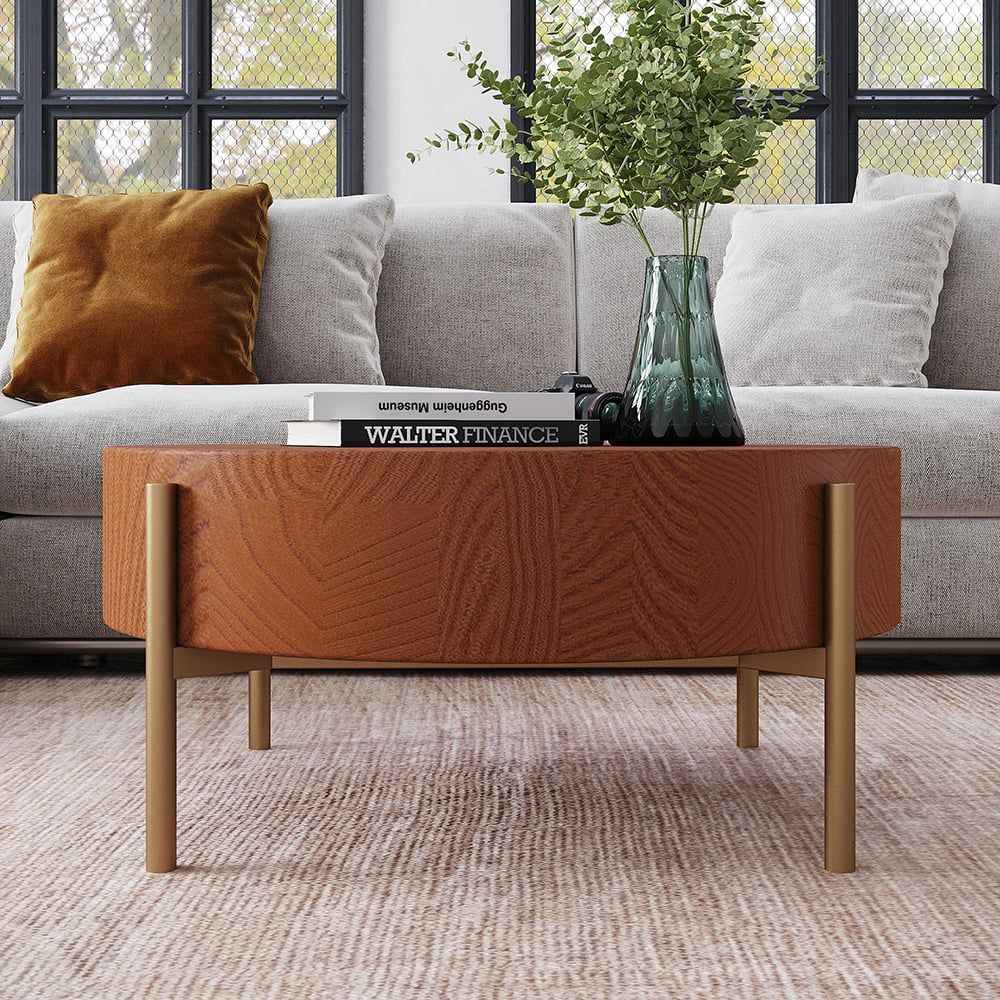 Rustic Round Coffee Table with Solid Wood Tabletop Metal Leg
