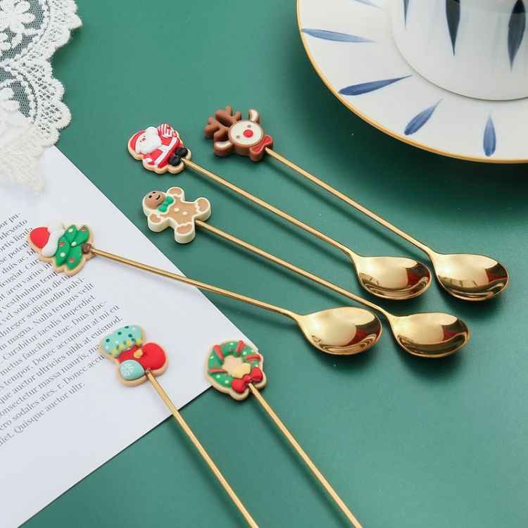 Pack Christmas Spoon Cartoon Fruit Fork Dessert Coffee Scoop