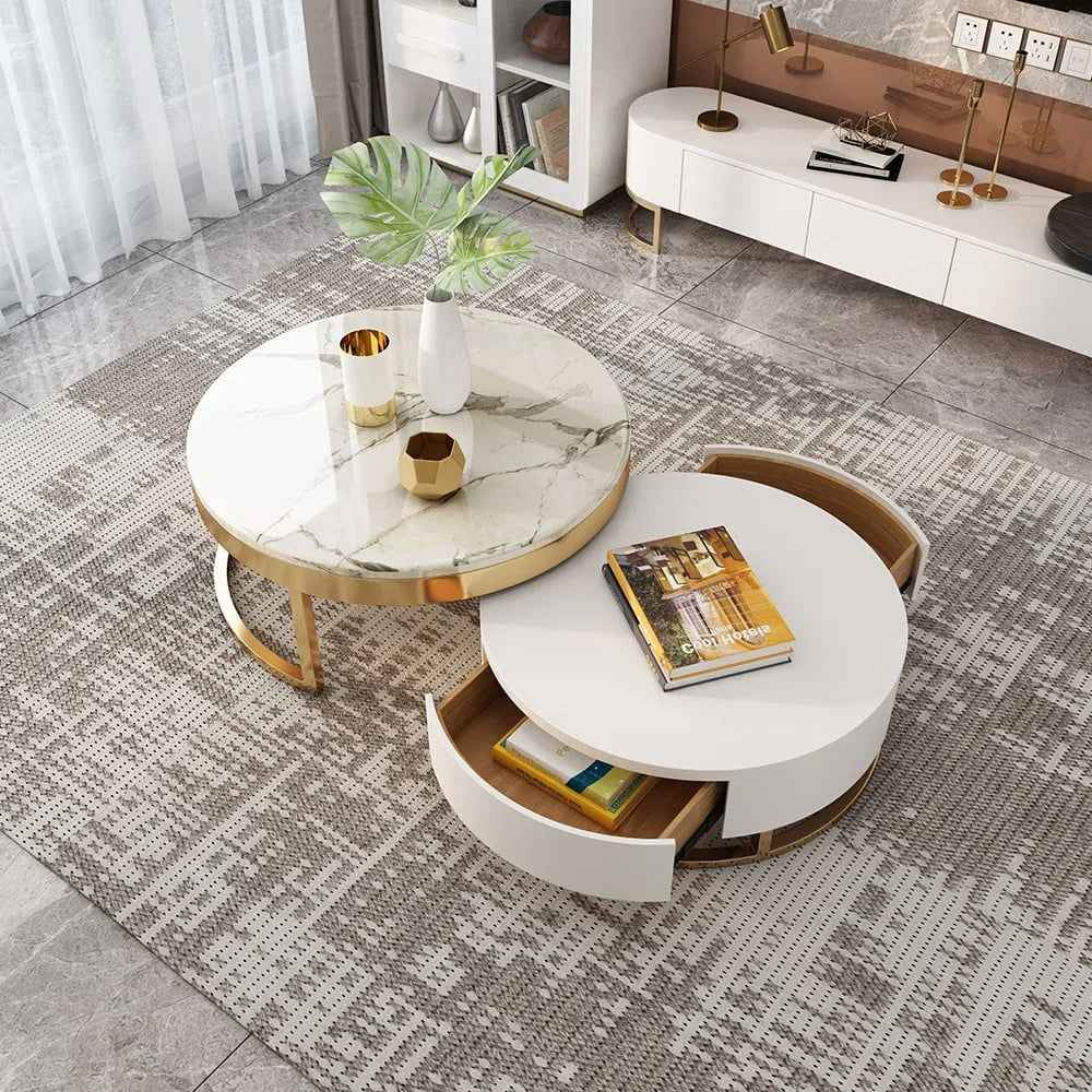 Nesnesis Modern Round Sinter Stone Nesting Wood Coffee Table
