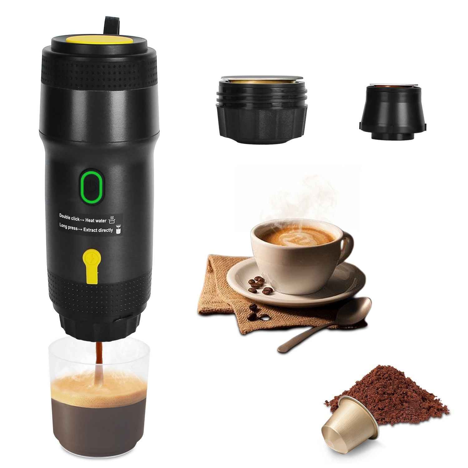1Pc Portable Electric Espresso Machine Cordless Coffee Maker Self-Heating Car Espresso Maker with Anti-Dry Burn Fit for Ground Coffee/NS/DG Capsules for Car Camping Hiking RV Home Office