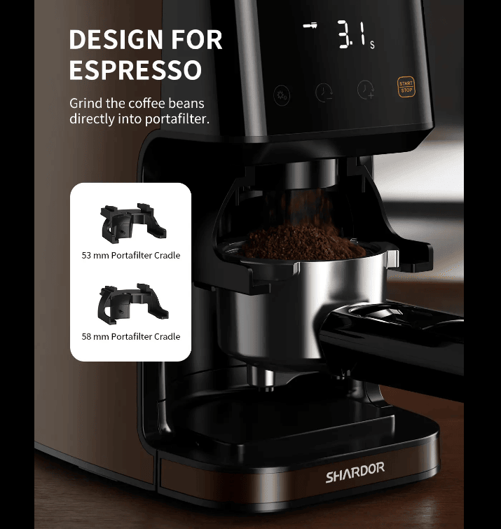 PSCG018 Professional tapered burr coffee grinder 51 gear adjustment powder mesh IMD Touch control Taper unburr electric coffee grinding bean bin 350g powder bin 150g LED