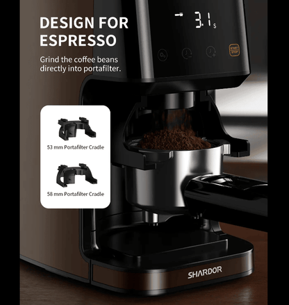 PSCG018 Professional tapered burr coffee grinder 51 gear adjustment powder mesh IMD Touch control Taper unburr electric coffee grinding bean bin 350g powder bin 150g LED