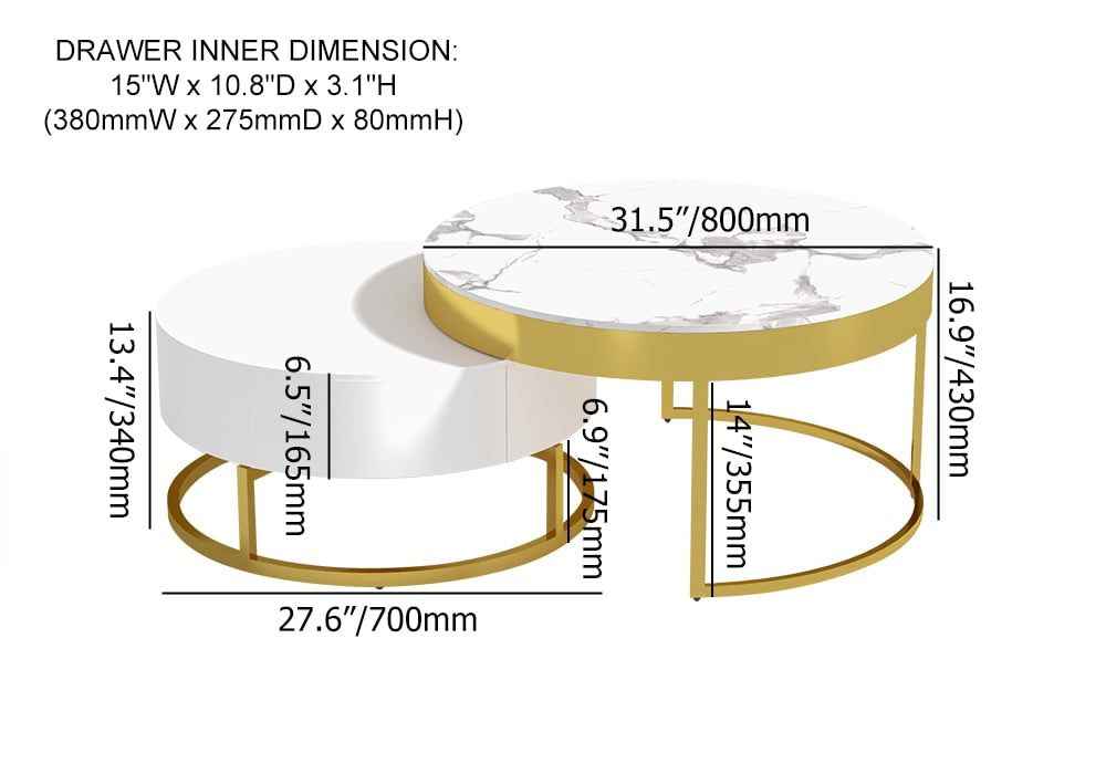 Nesnesis Modern Round Sinter Stone Nesting Wood Coffee Table